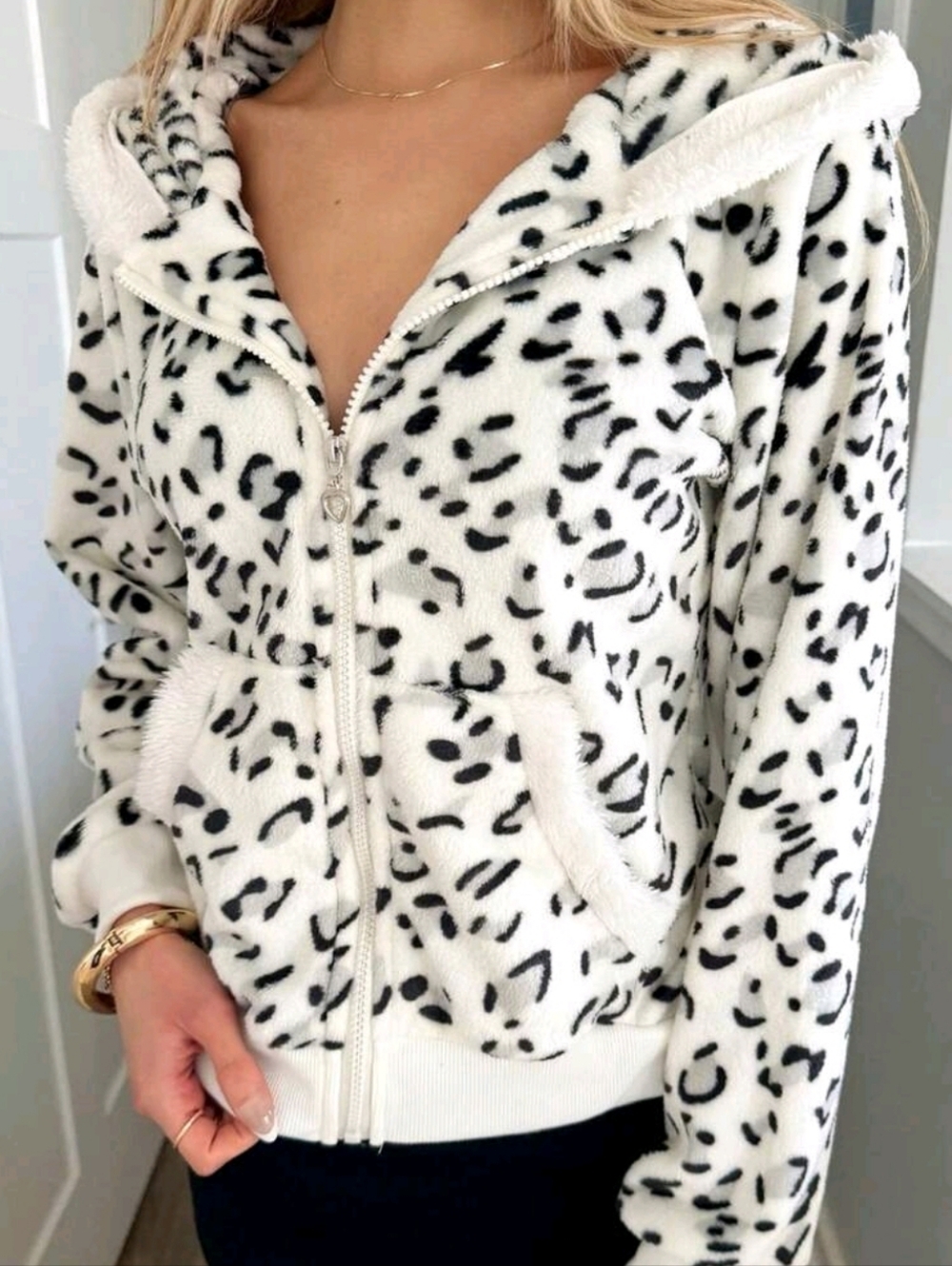 White and Black Leopard Print Fleece Hoodie Jacket